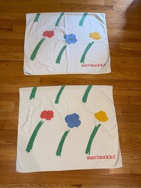 Two Vintage Marimekko Floral Towel in White with Yellow, Blue & Green Accents